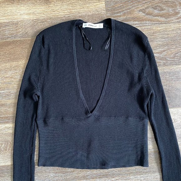 Zara Black Ribbed Long Sleeve V-Neck Crop Top - Picture 3 of 6